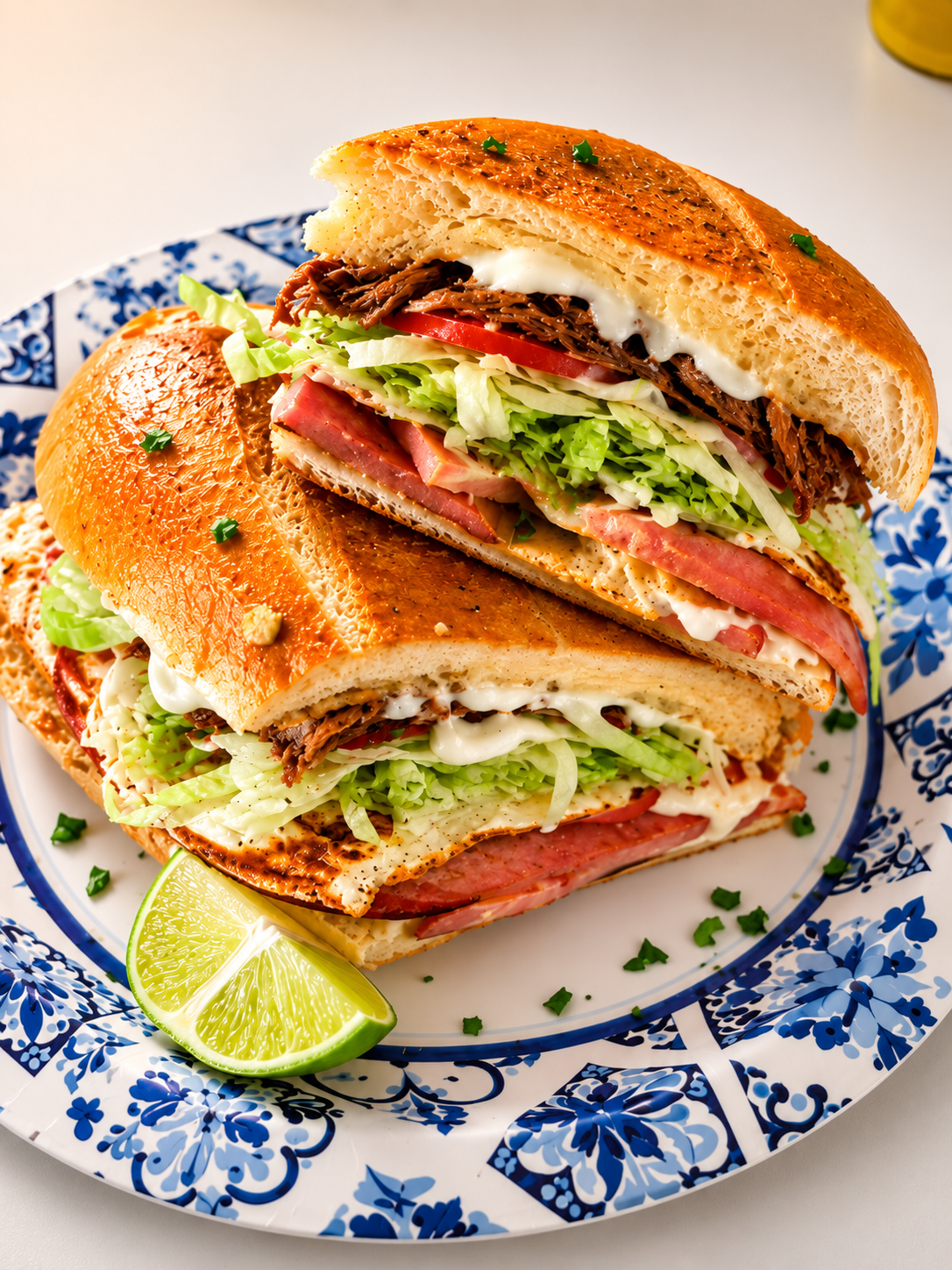 A torta cut in half on a blue patterned plate with a lime wedge