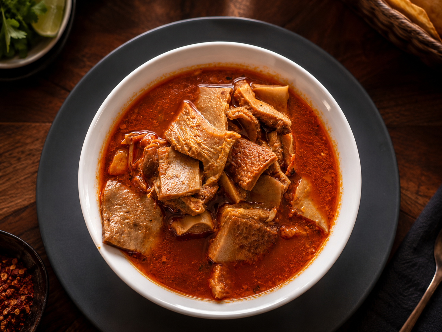 A bowl of red soup with a lime wedge and chile flakes on the side