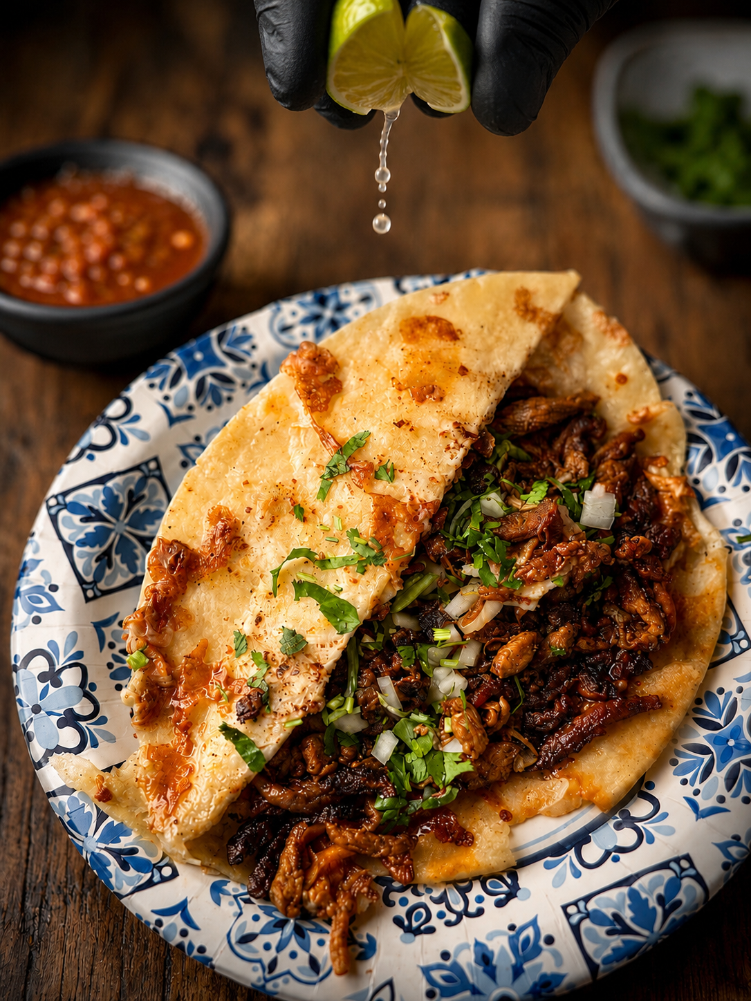 A taco getting a squeeze of fresh lime, salsa and cilantro beside the plate