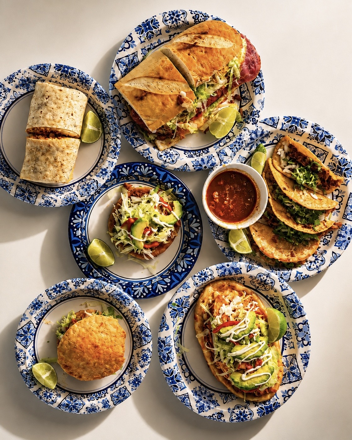 A table of plates from above: burrito, torta, tacos with salsa, a tostada and more, all on blue patterned plates